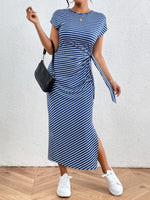 Women's Waist Slim Striped Slit Maxi Dress