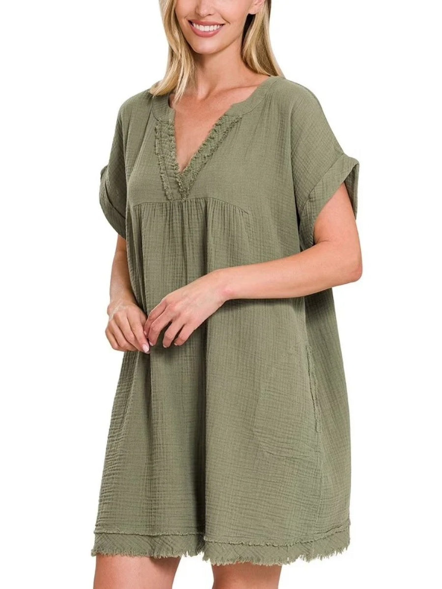 Women's Washed Casual V-Neck Dress