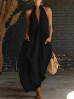 Women's Halter Neck Deep V Maxi Dress with Pockets