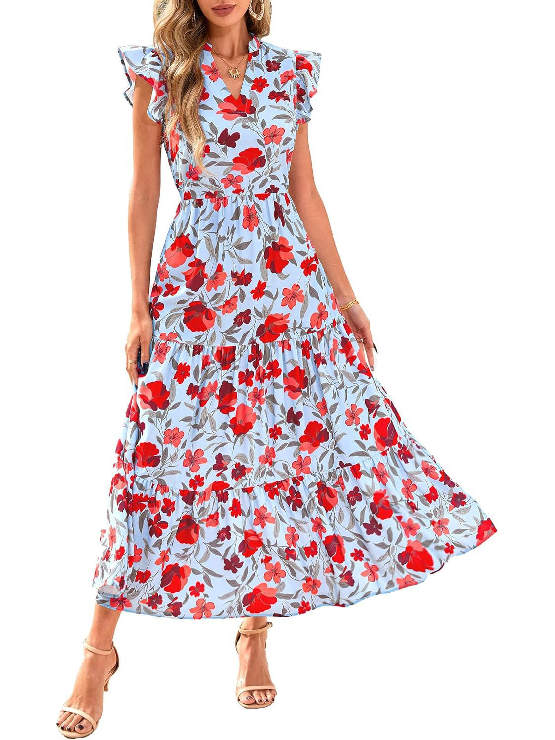 Women's Boho Print V Neck Ruffle Maxi Dress