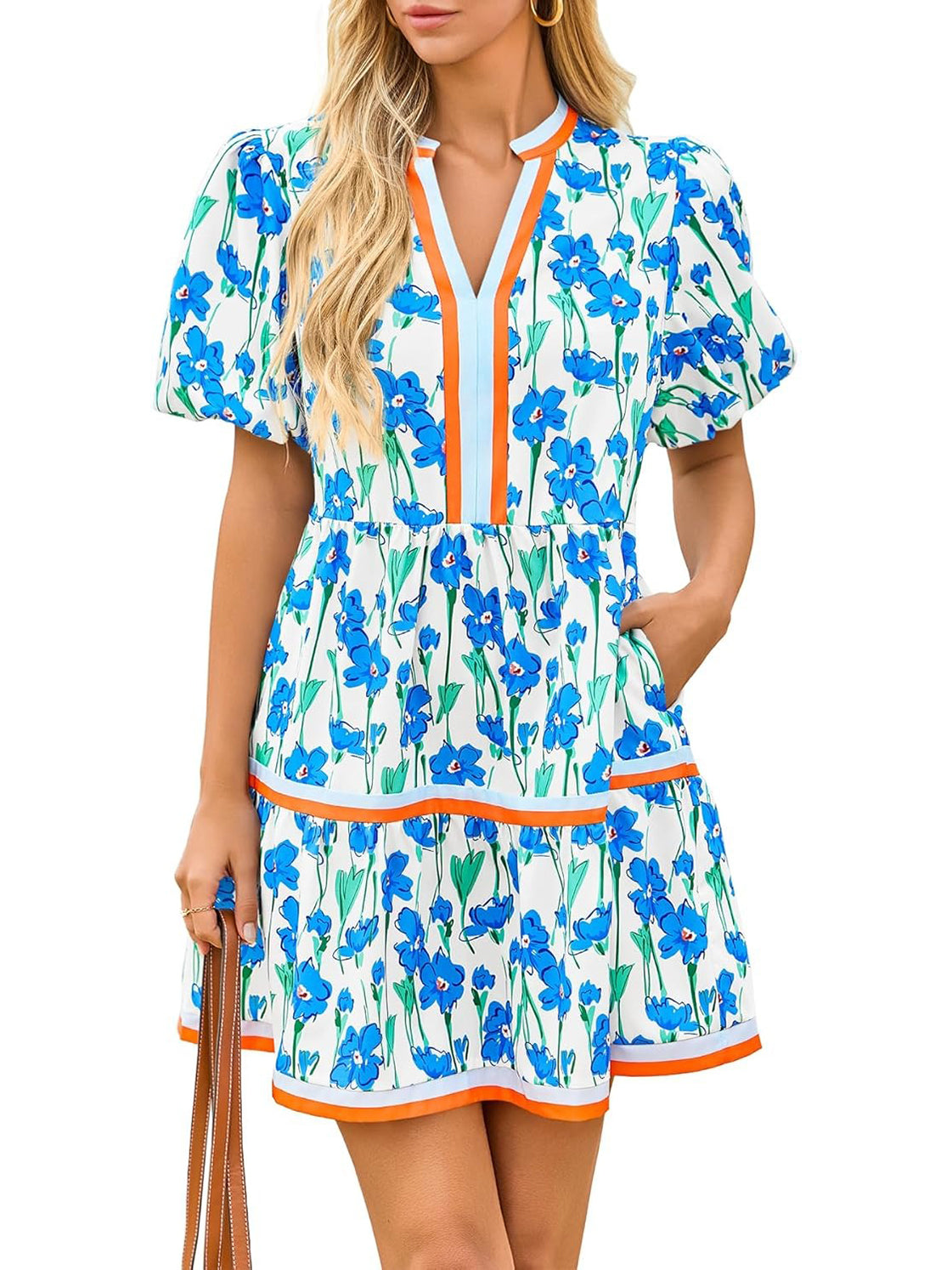 Women's V Neck Floral Dress Short Puff Sleeve Boho Dresses