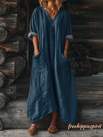 Women's Solid Color V-neck Long Sleeve Pocket Cotton Dress