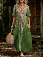 Women's Vintage Embroidered Floral Print V-Neck Short Sleeve Linen Maxi Dress