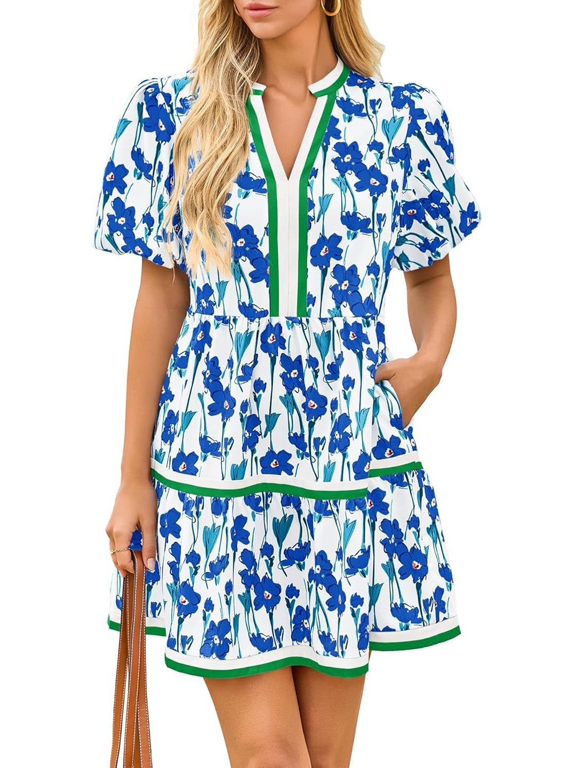 Women's V Neck Floral Dress Short Puff Sleeve Boho Dresses