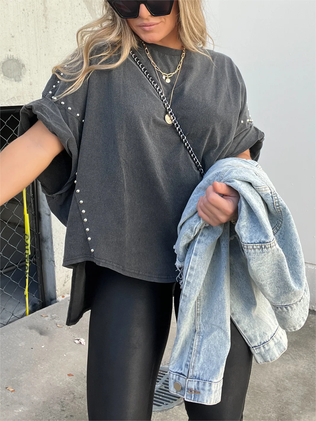 Washed Roll Sleeve Studded Oversized Short Sleeve Top