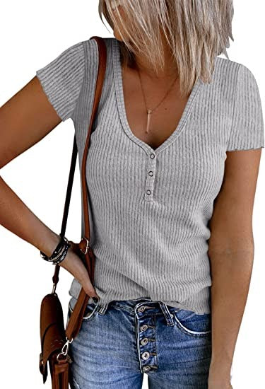 V-neck Button Temperament Short Sleeved Tops