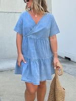 Denim Ruffle V-Neck Mini Dress