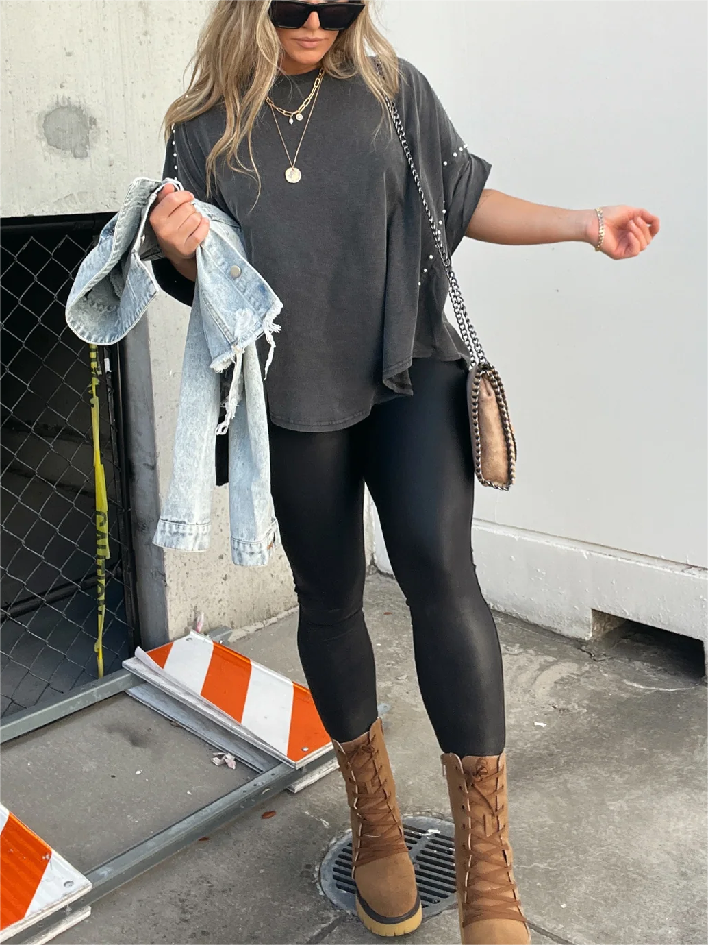 Washed Roll Sleeve Studded Oversized Short Sleeve Top