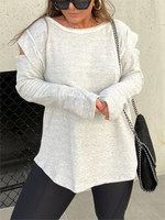 Cut Out Sleeve Raw Edge Solid Sweatshirt