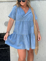 Denim Ruffle V-Neck Mini Dress