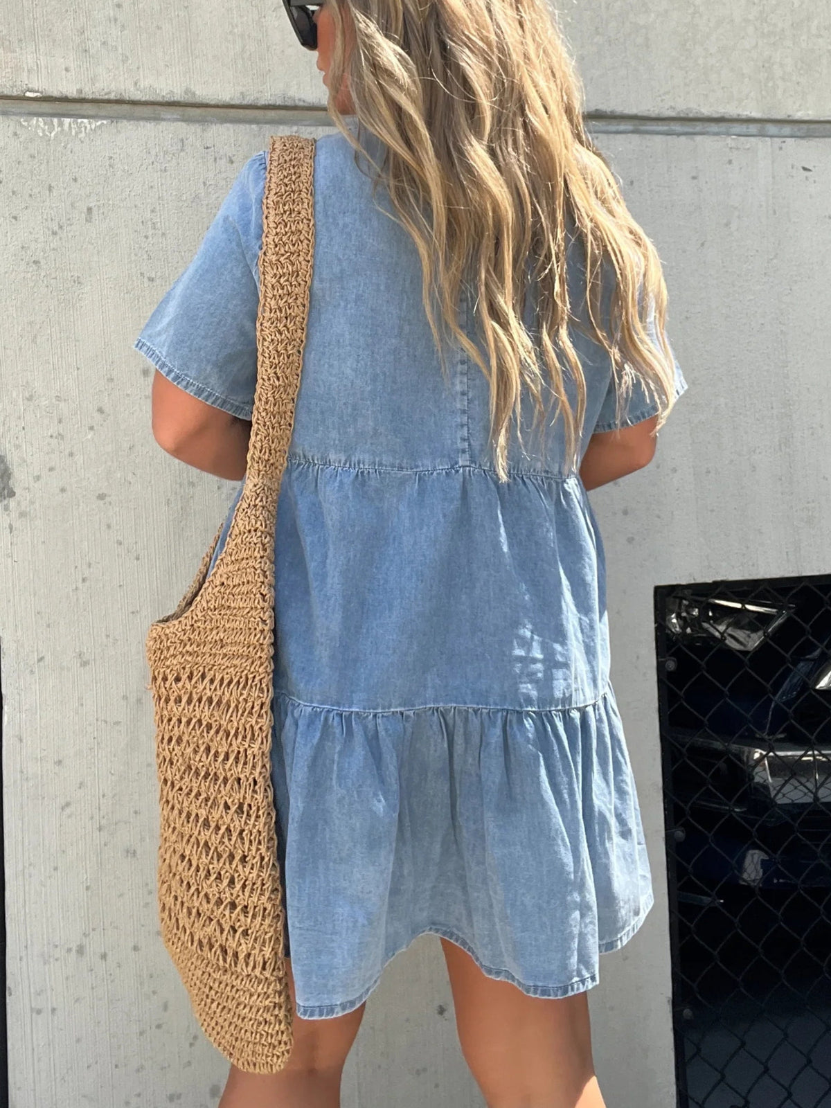 Denim Ruffle V-Neck Mini Dress