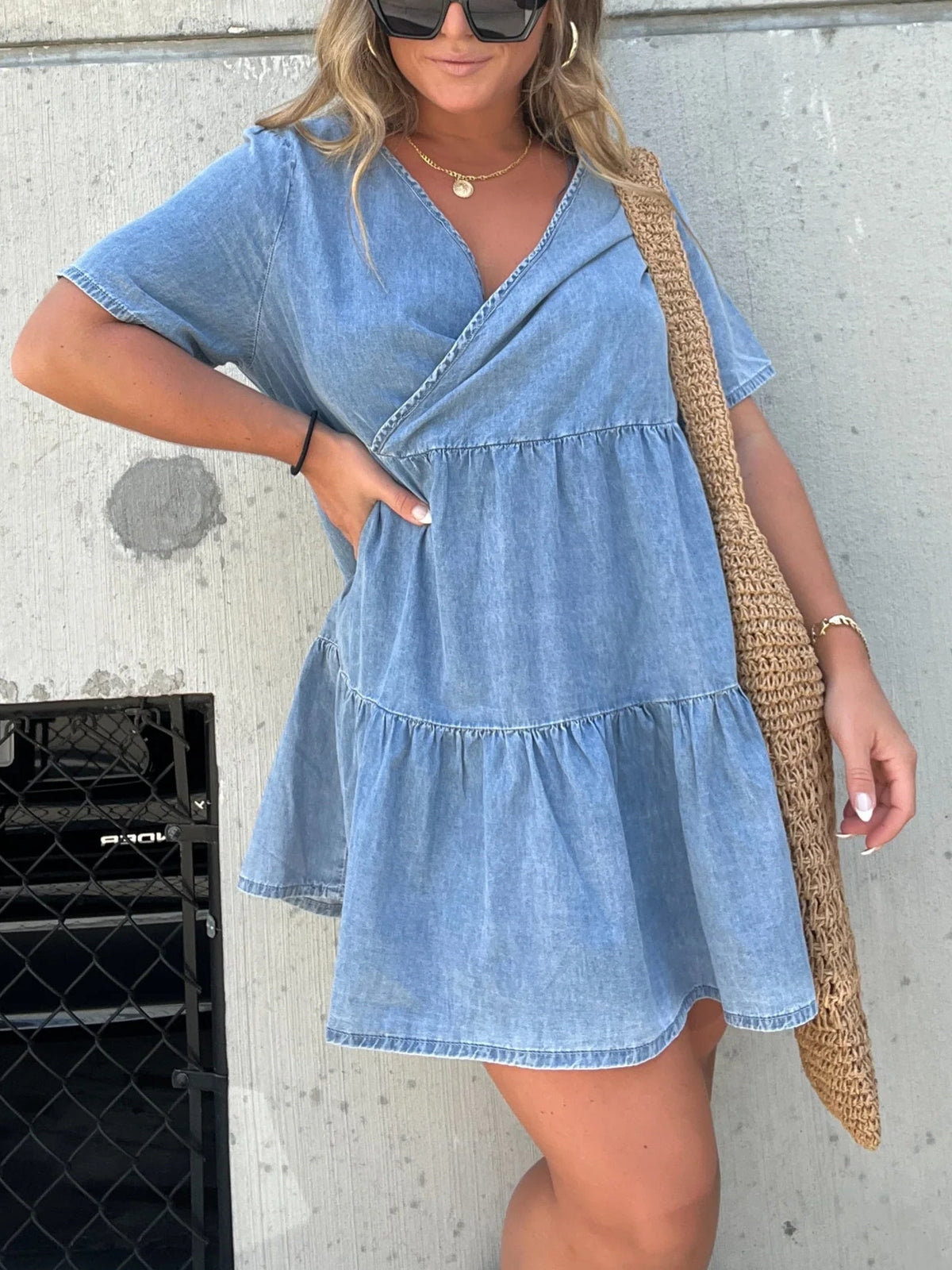 Denim Ruffle V-Neck Mini Dress