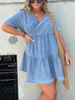 Denim Ruffle V-Neck Mini Dress