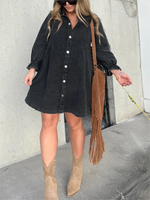 Button Denim Bubble Sleeve Dress