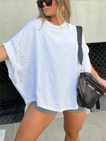 Washed Roll Sleeve Studded Oversized Short Sleeve Top