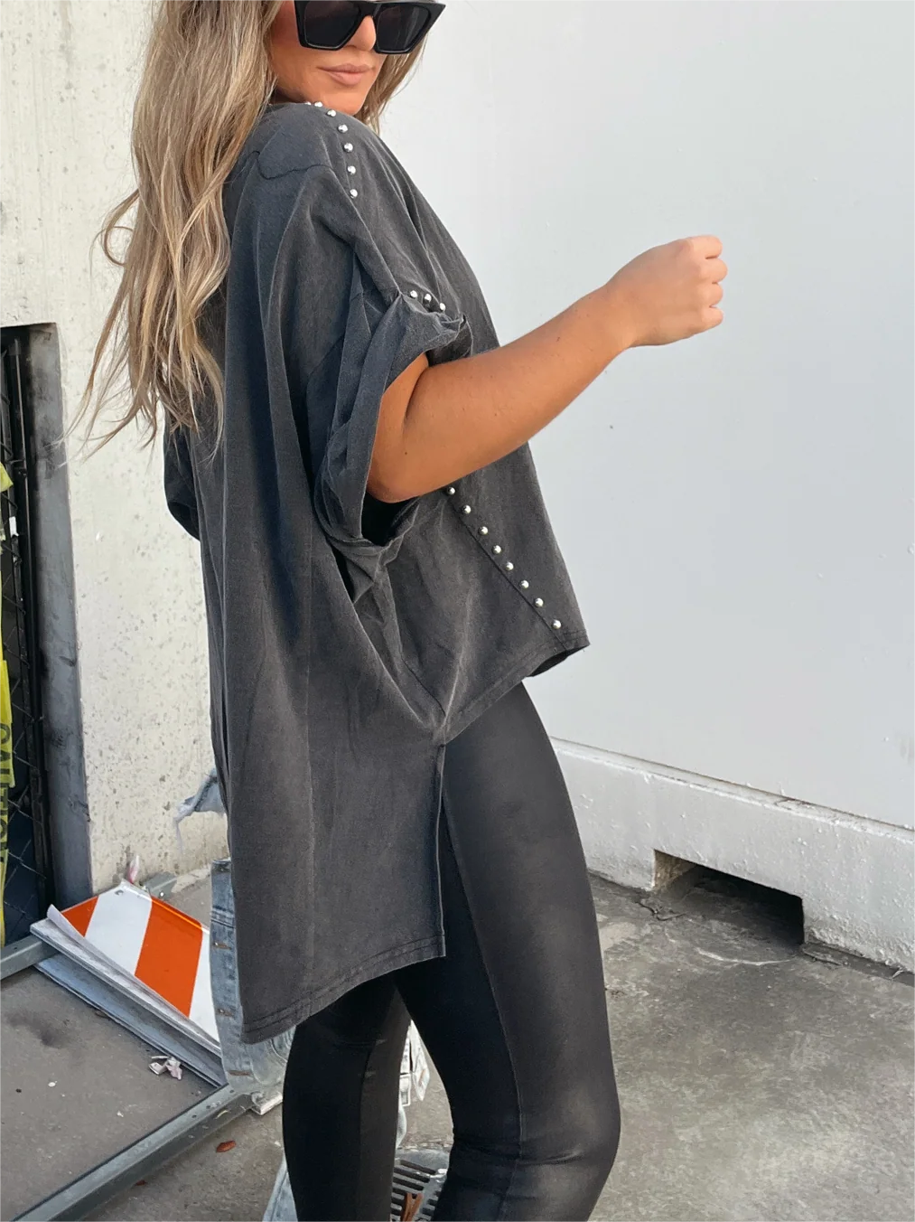 Washed Roll Sleeve Studded Oversized Short Sleeve Top