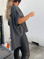 Washed Roll Sleeve Studded Oversized Short Sleeve Top