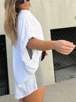 Washed Roll Sleeve Studded Oversized Short Sleeve Top