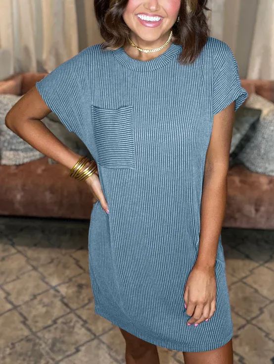 New In - Ribbed Round Neck Pocket Dress