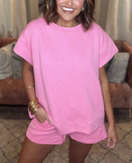 Women's Solid Textured Drawstring Shorts Set