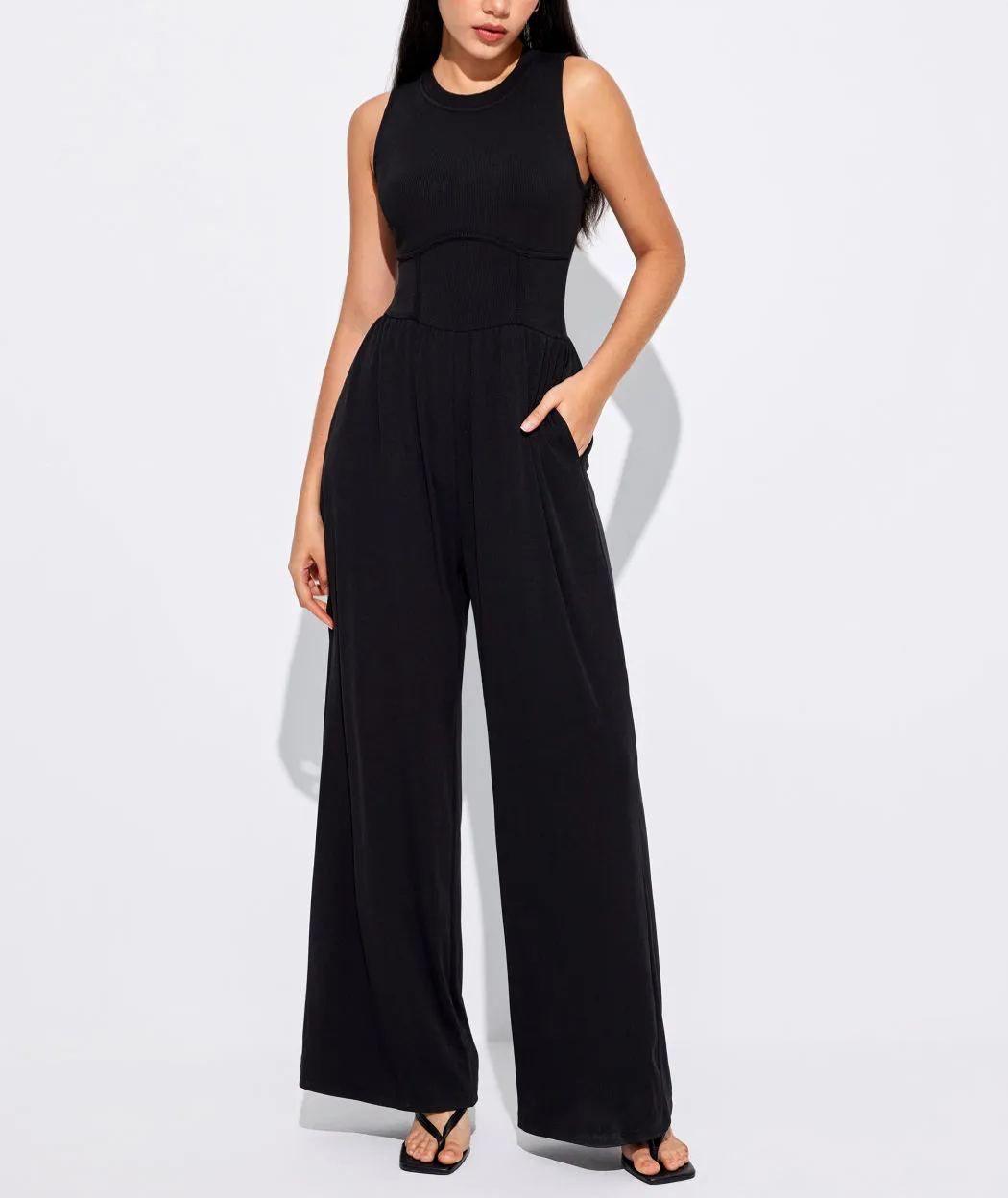 Women's Solid Sleeveless Wide Leg Jumpsuit