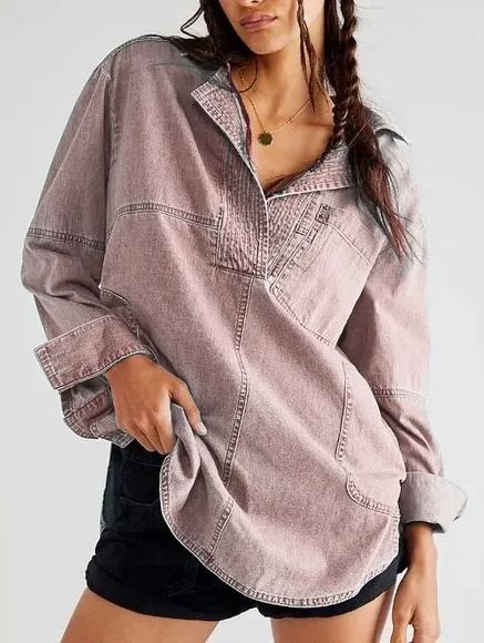 Women's V-Neck Denim Pullover Shirt