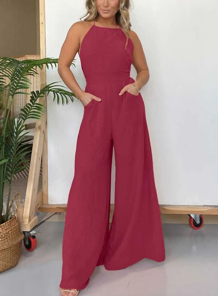 Halter Neck Open Back Jumpsuit with Adjustable Neck