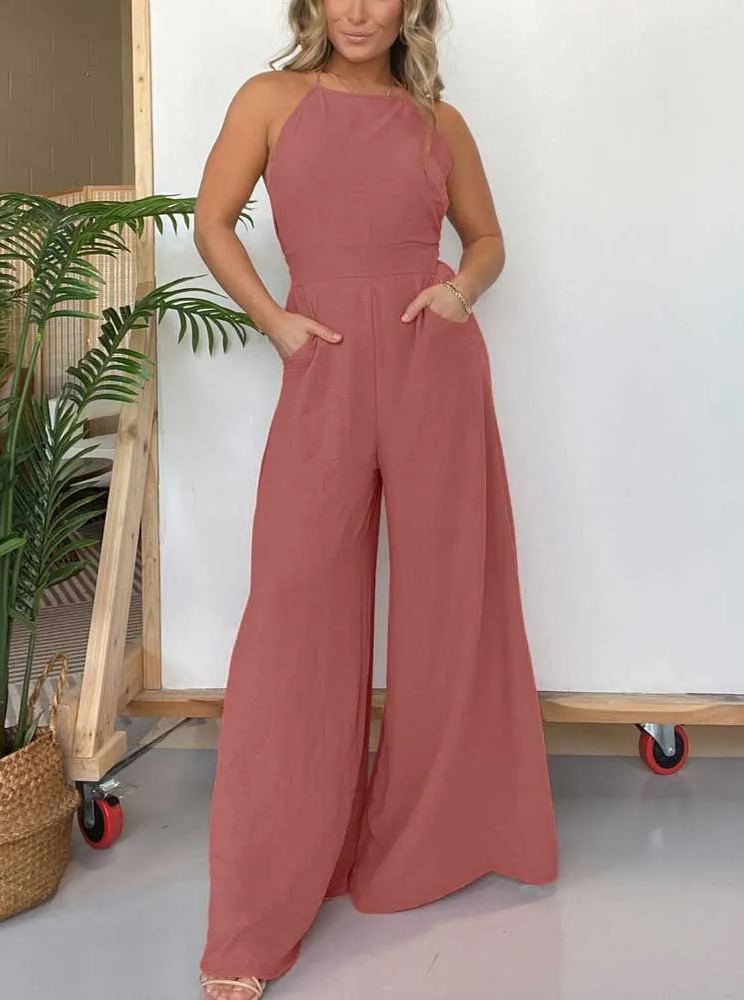 Halter Neck Open Back Jumpsuit with Adjustable Neck