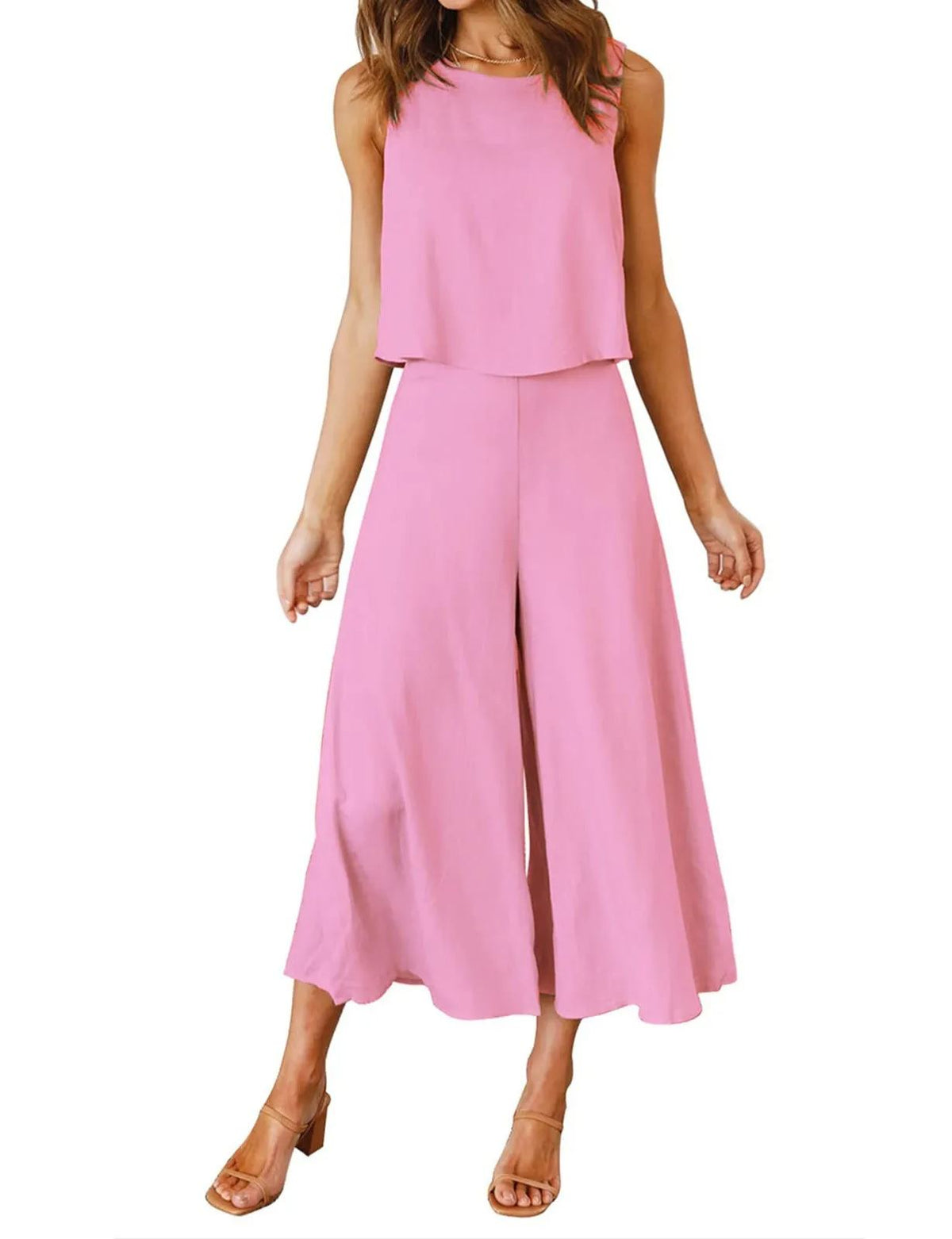 Women's Sleeveless Tank Crop Top Wide Leg Flowy Pants Set
