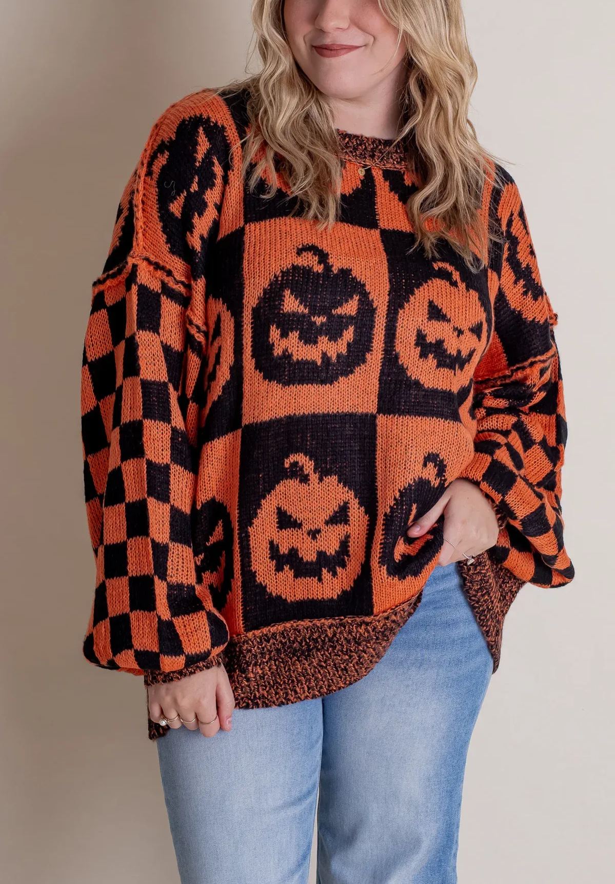 Women's Halloween Checkered Sweater - Spooky Season