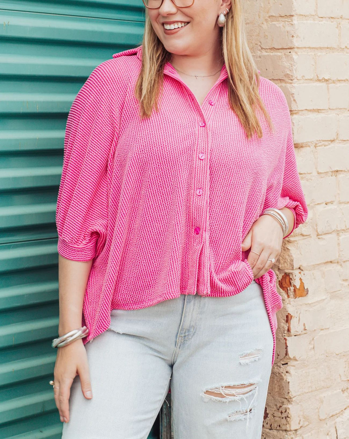 Women's Dolman Sleeves Ribbed Button Down Top