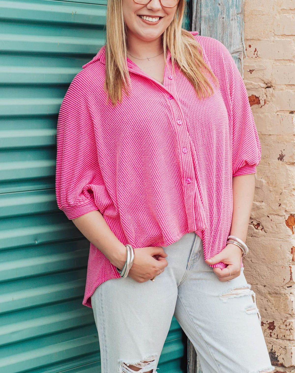 Women's Dolman Sleeves Ribbed Button Down Top