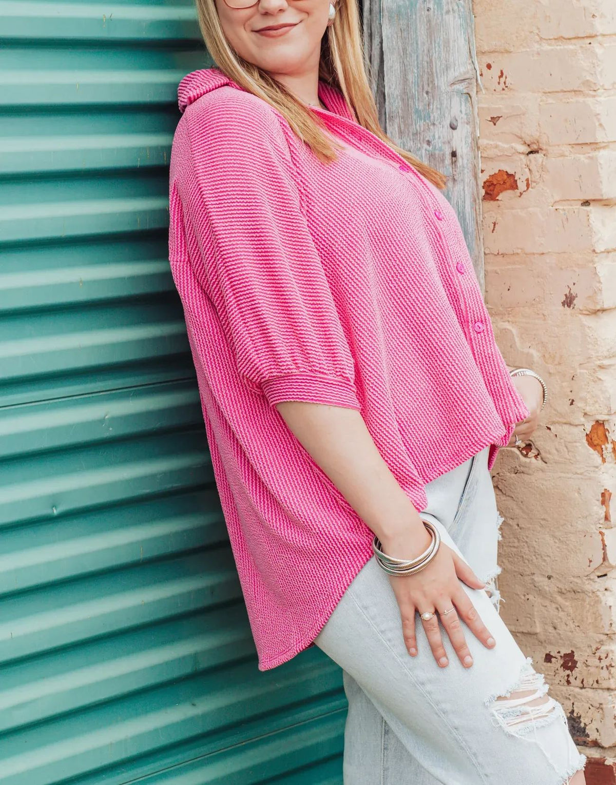 Women's Dolman Sleeves Ribbed Button Down Top