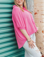 Women's Dolman Sleeves Ribbed Button Down Top