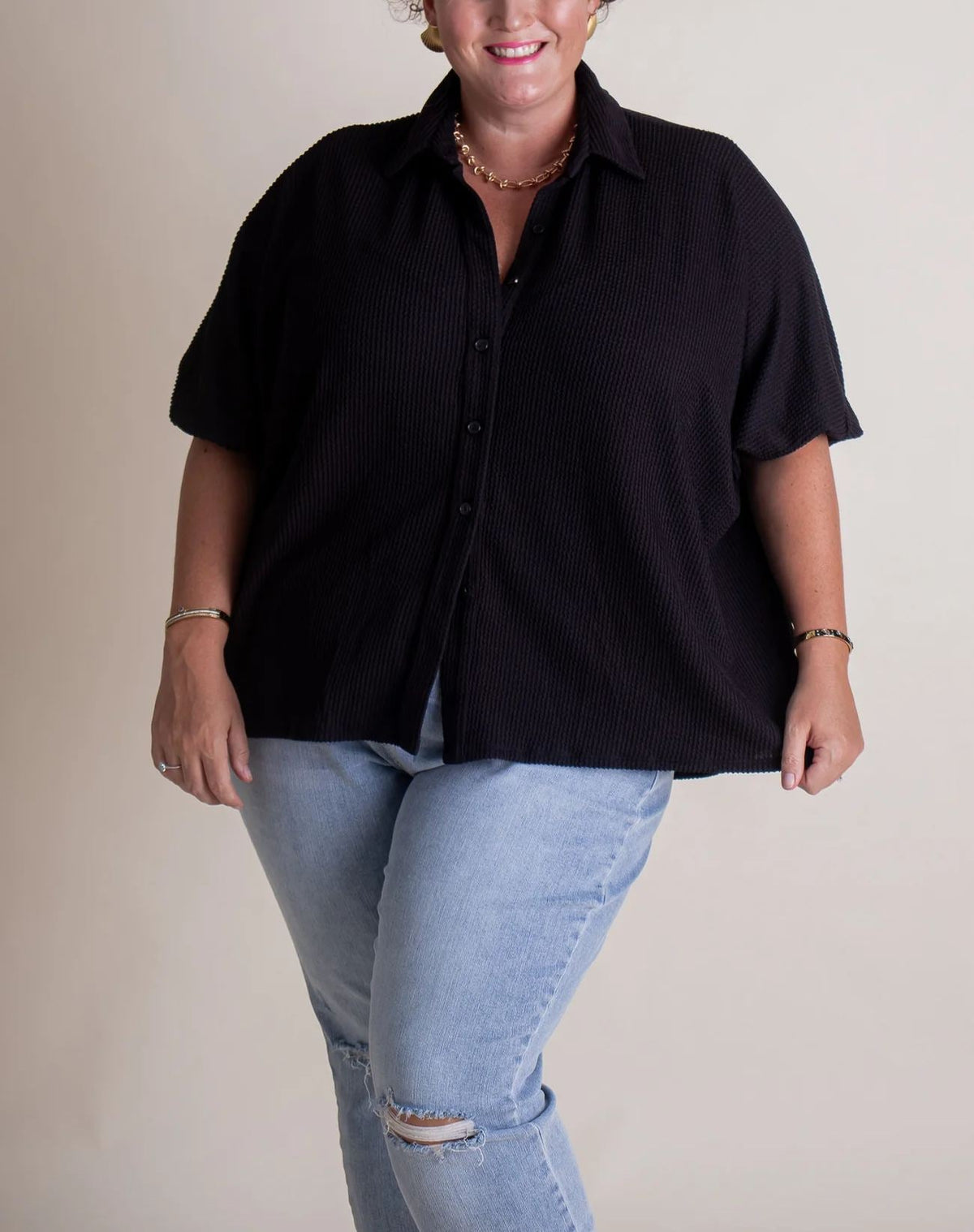 Women's Dolman Sleeves Ribbed Button Down Top