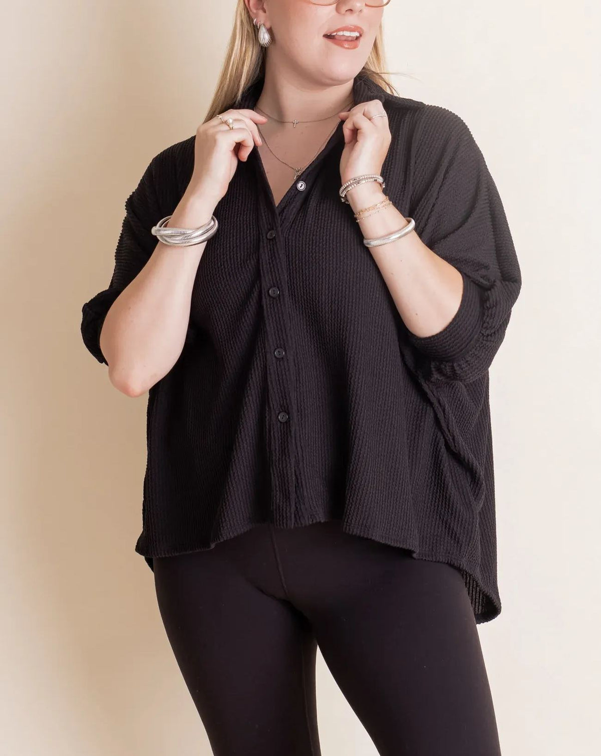 Women's Dolman Sleeves Ribbed Button Down Top