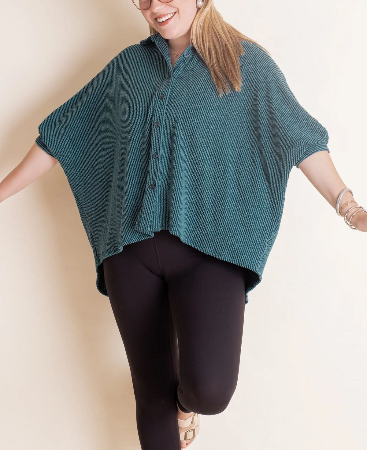 Women's Dolman Sleeves Ribbed Button Down Top