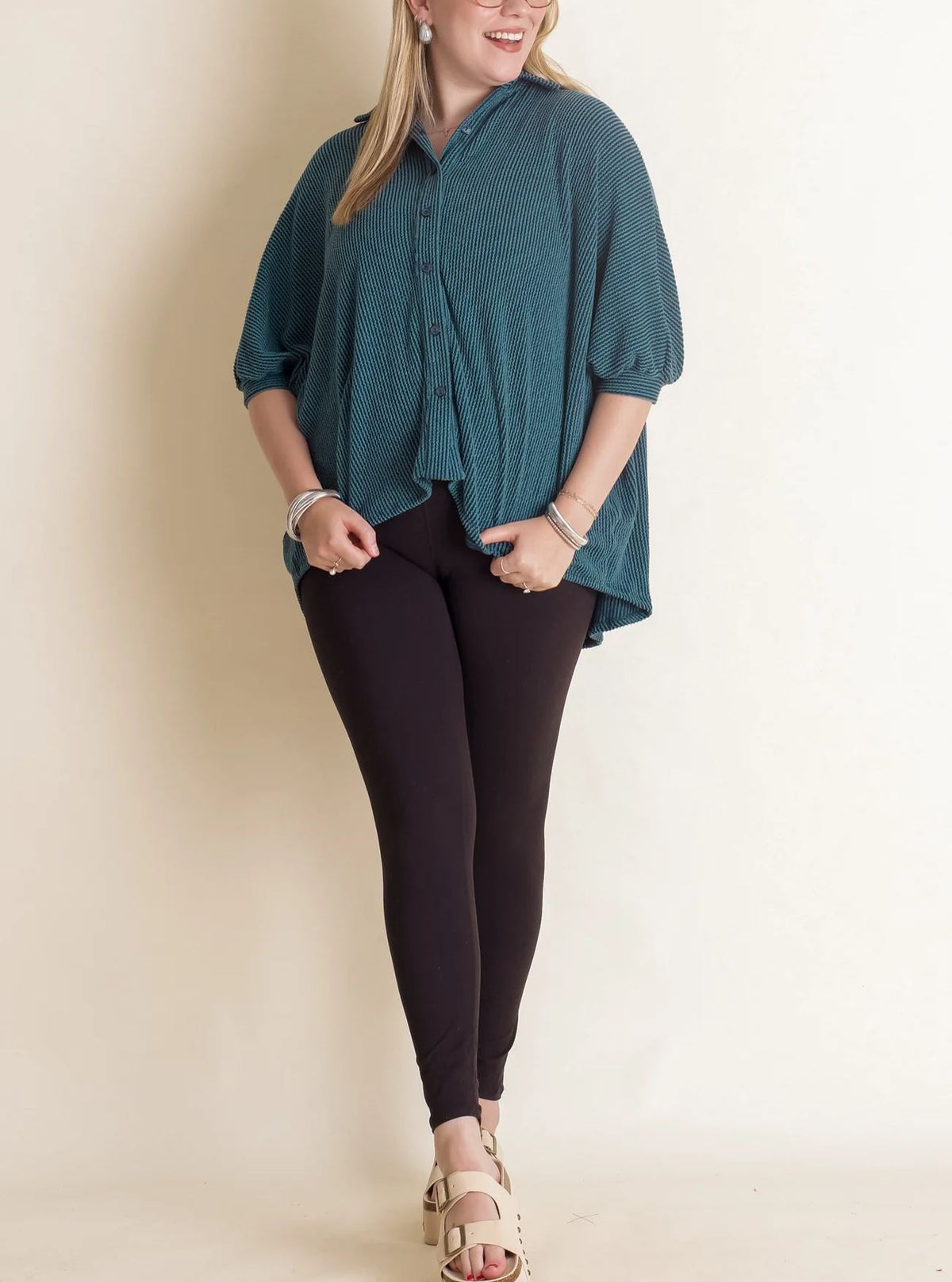 Women's Dolman Sleeves Ribbed Button Down Top