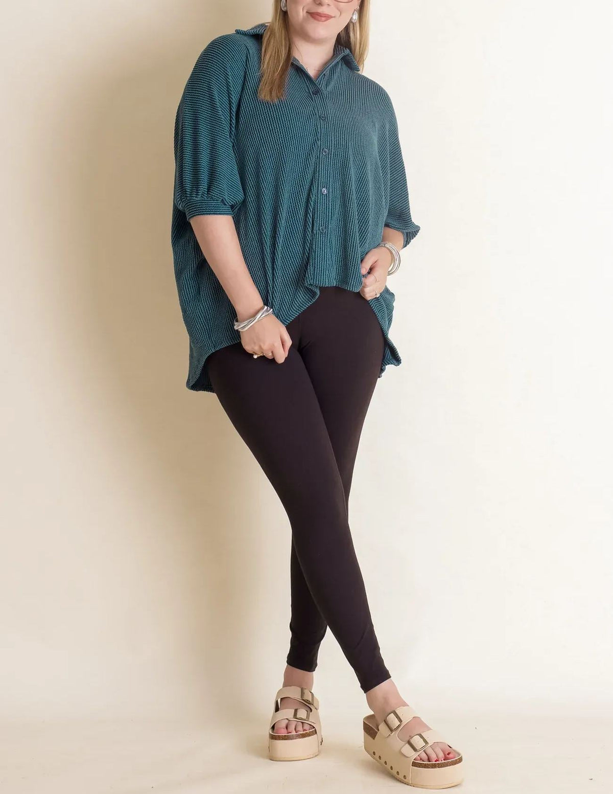 Women's Dolman Sleeves Ribbed Button Down Top