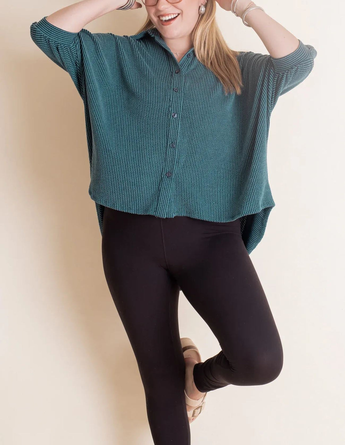 Women's Dolman Sleeves Ribbed Button Down Top