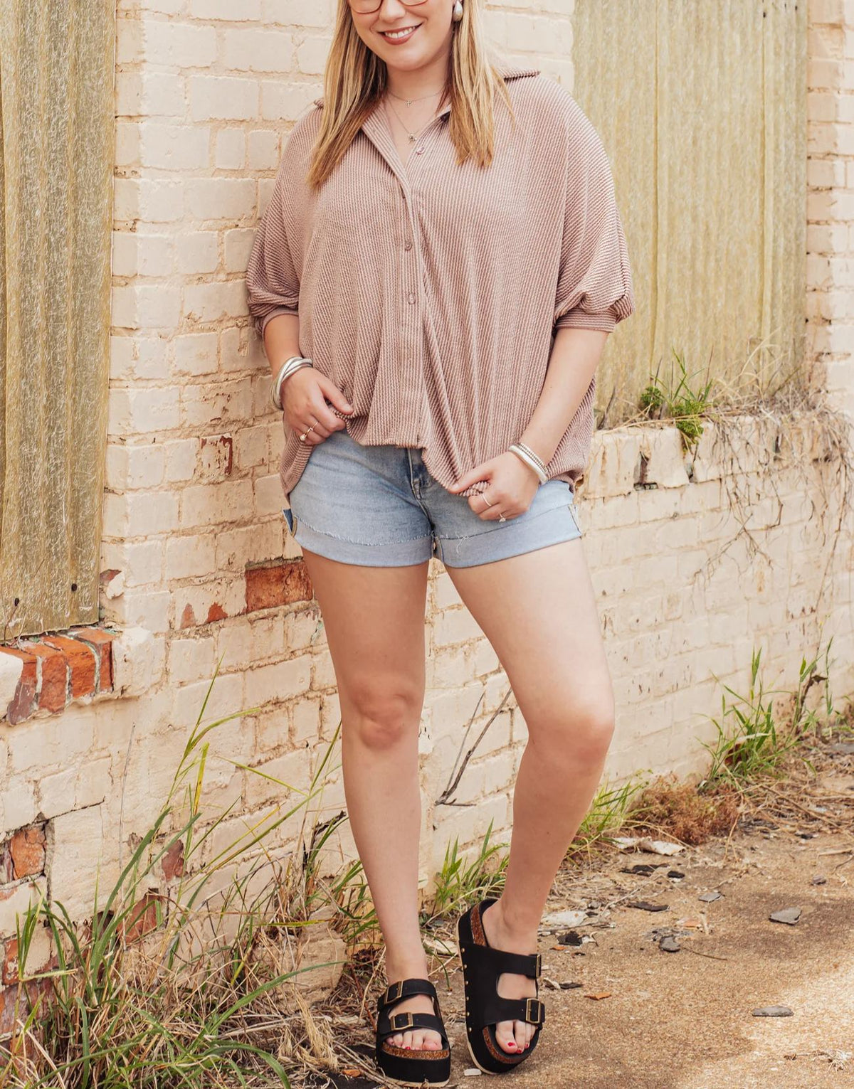 Women's Dolman Sleeves Ribbed Button Down Top