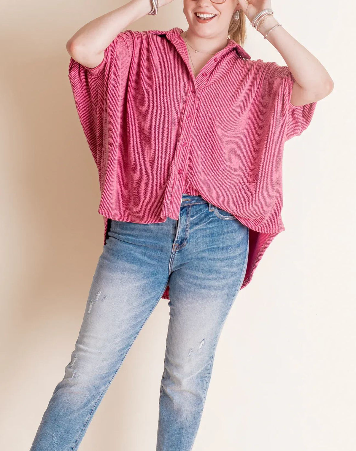 Women's Dolman Sleeves Ribbed Button Down Top