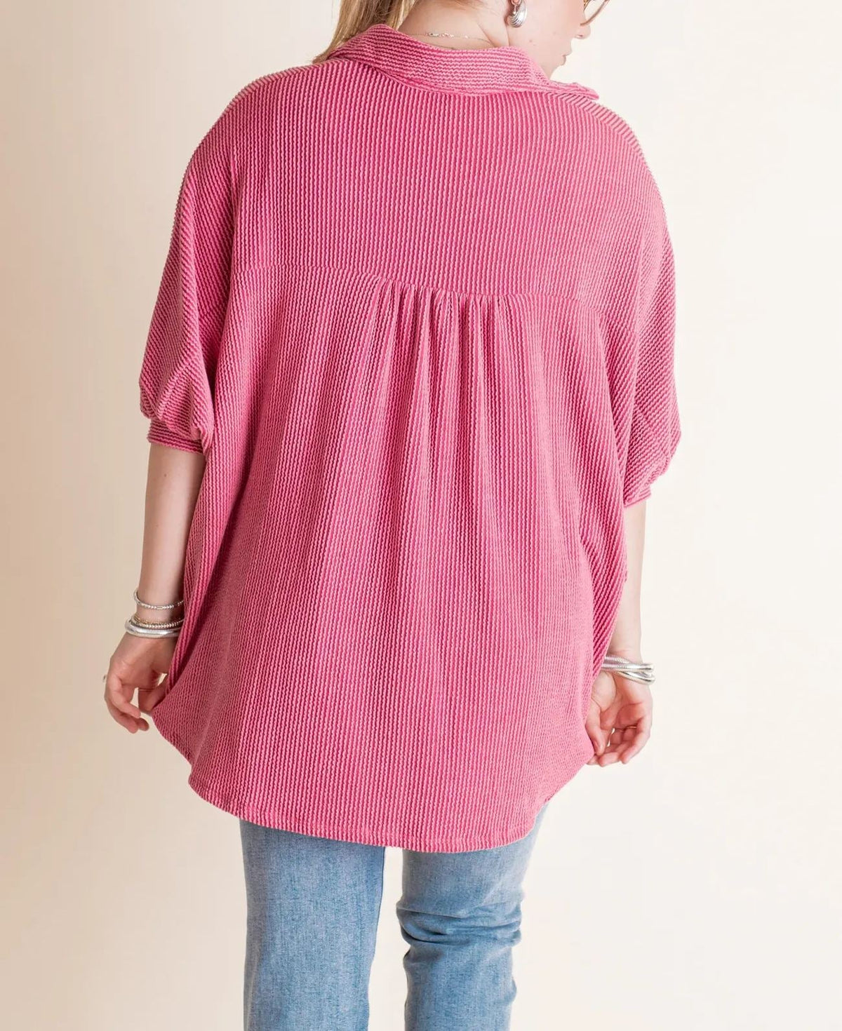 Women's Dolman Sleeves Ribbed Button Down Top
