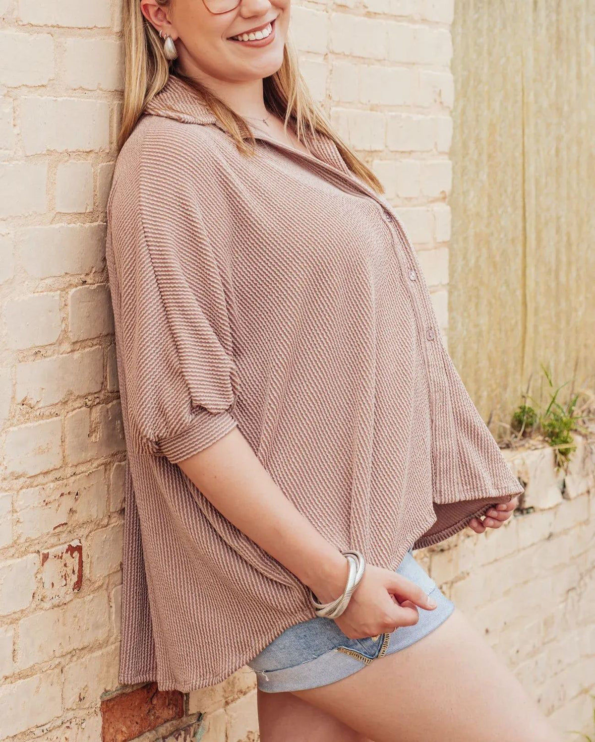 Women's Dolman Sleeves Ribbed Button Down Top