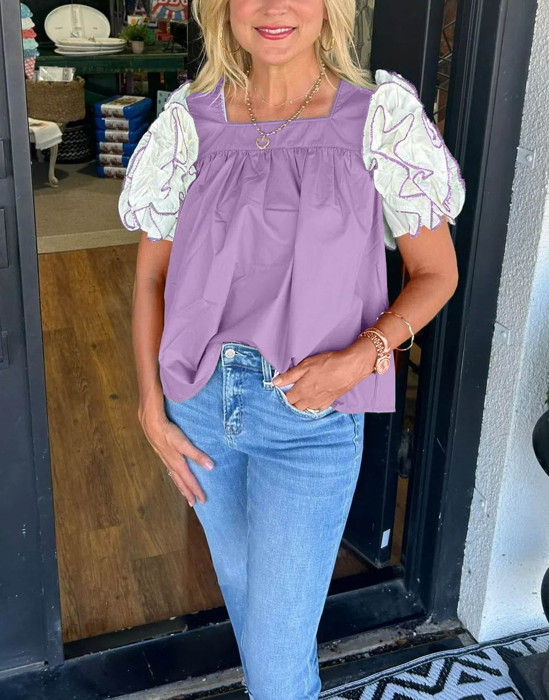 Women's Square Neck Ruffle Sleeve Top
