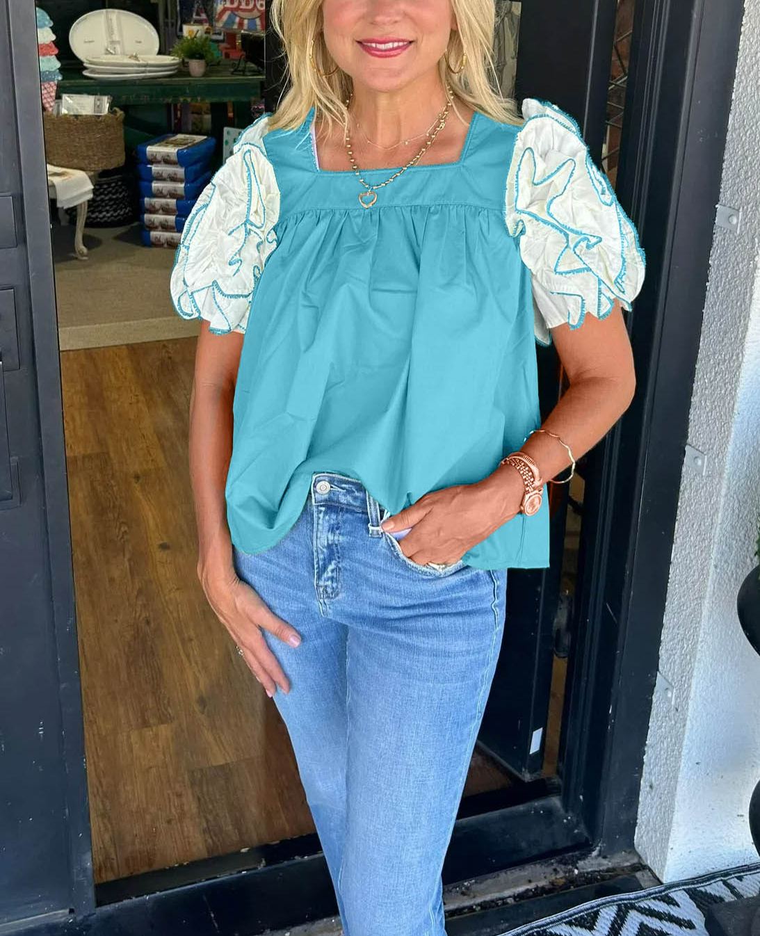 Women's Square Neck Ruffle Sleeve Top