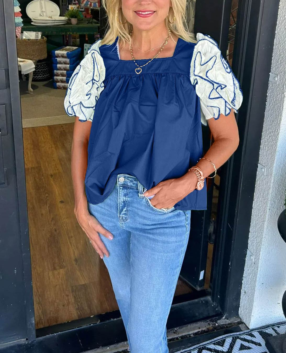 Women's Square Neck Ruffle Sleeve Top