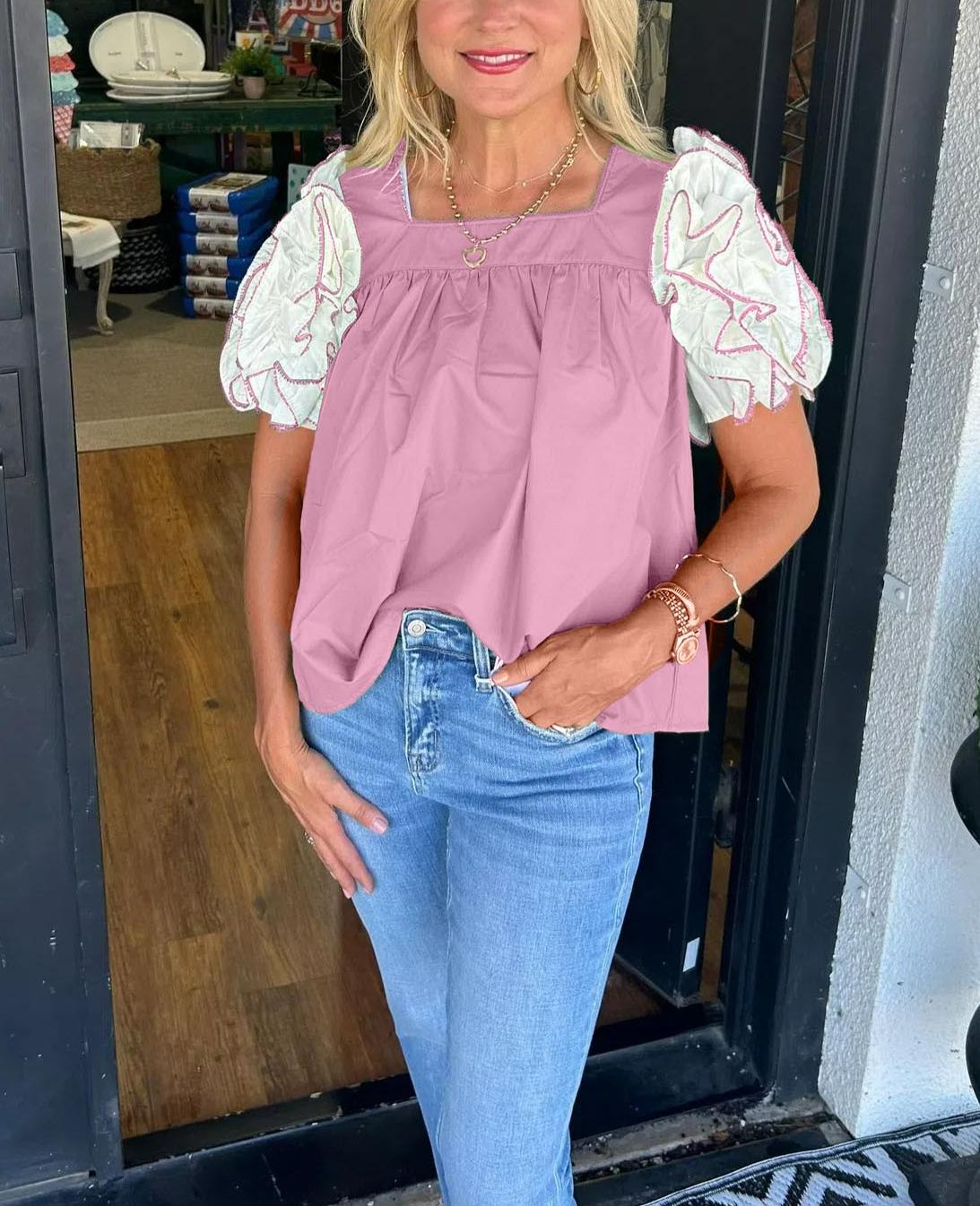 Women's Square Neck Ruffle Sleeve Top
