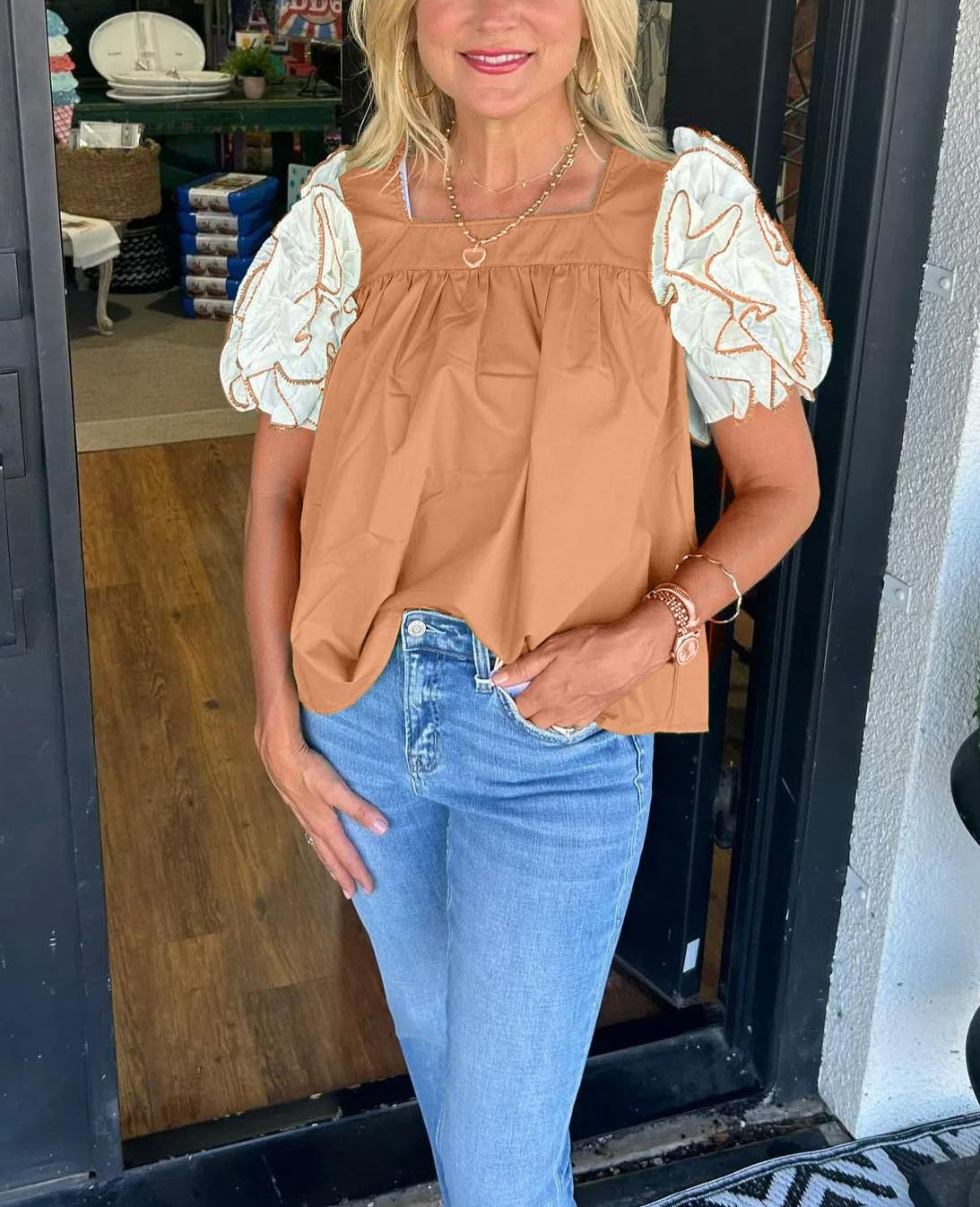 Women's Square Neck Ruffle Sleeve Top