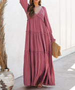 Women's Long Sleeve V Neck Boho Flowy Maxi Dresses